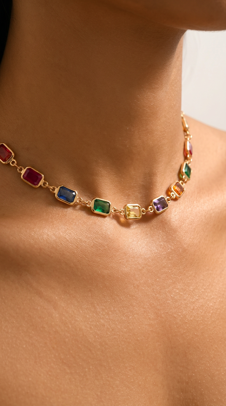 Trove Colombo multi-colored synthetic gemstone necklace with gold-tone stainless steel