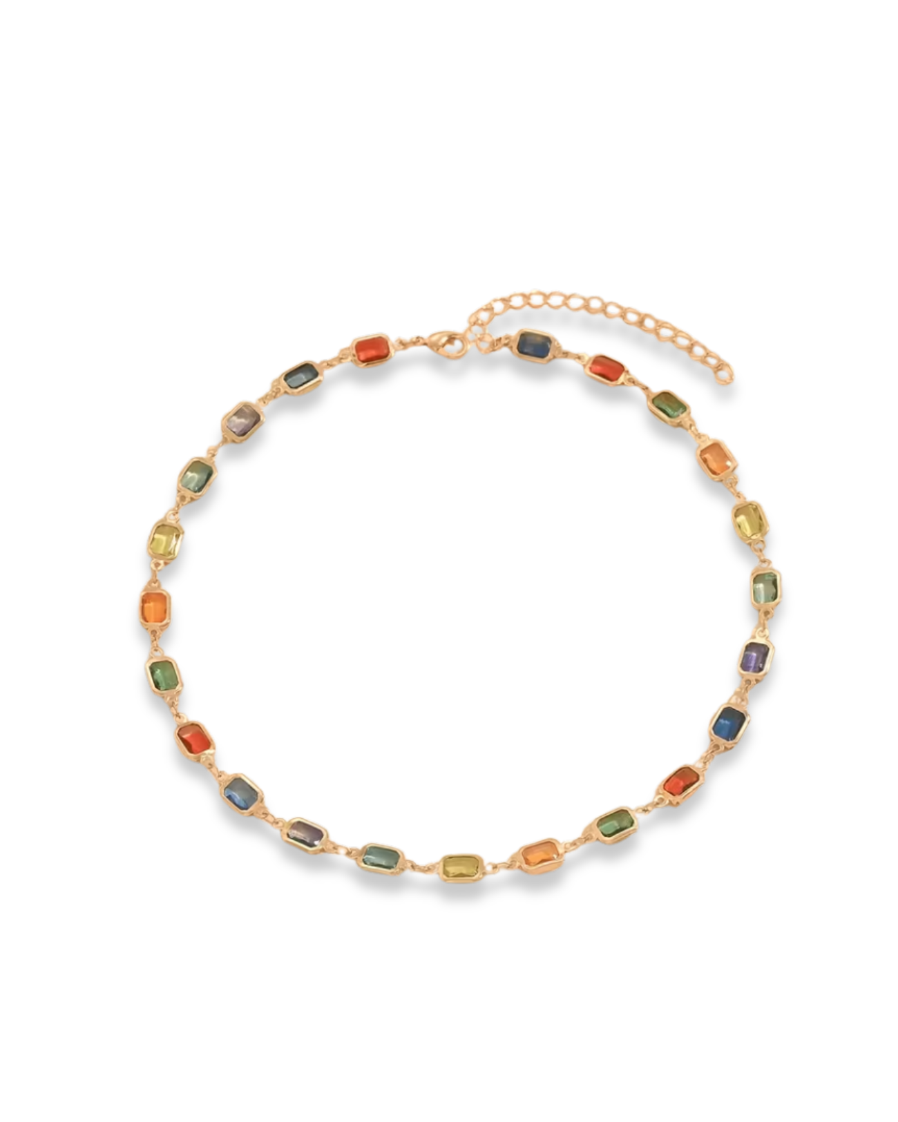Trove Colombo Acacia necklace featuring multi-colored synthetic ruby stones set in polished gold-tone stainless steel.