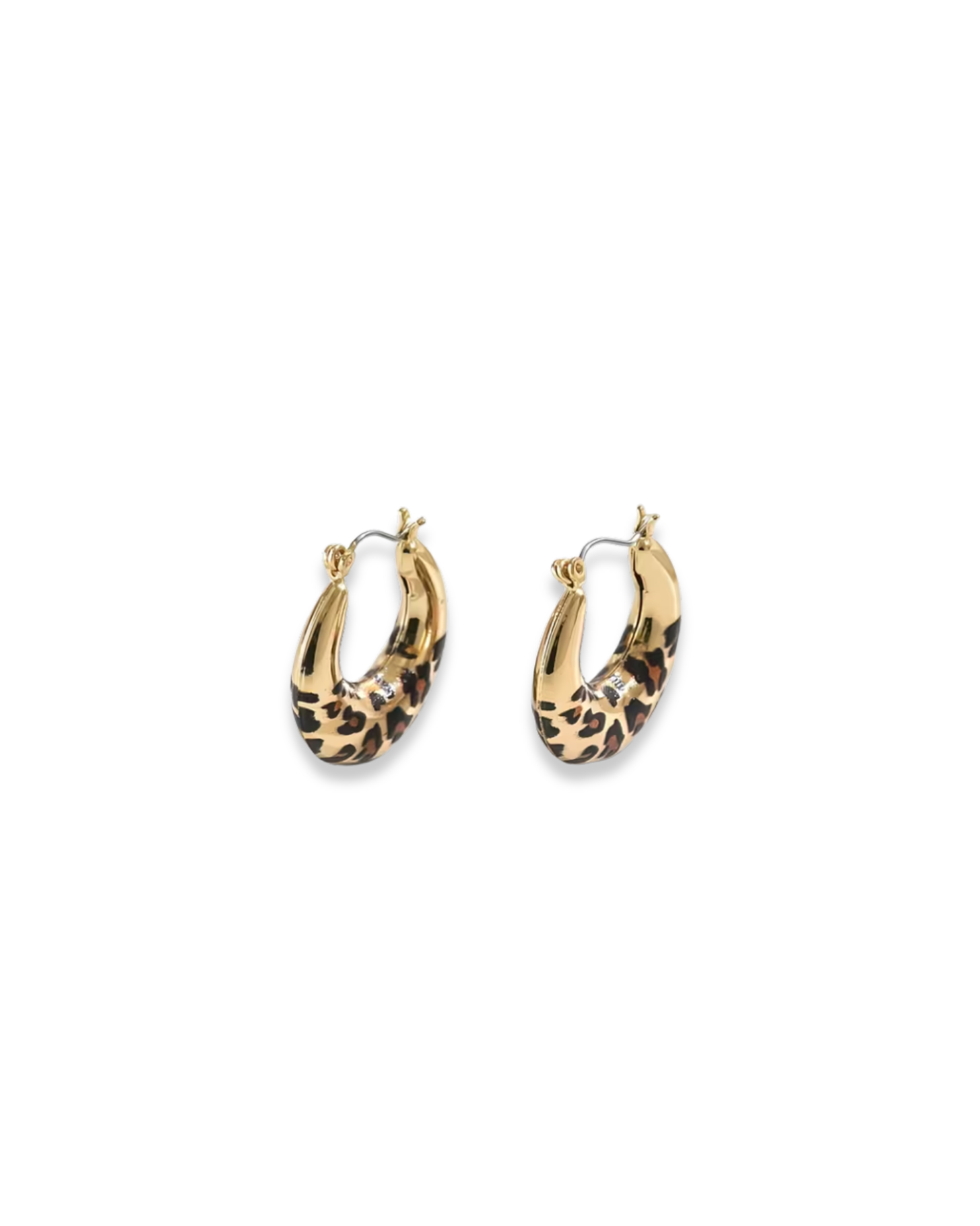Trove Colombo Elara hoop earrings featuring a vintage-inspired gold and brown leopard print pattern