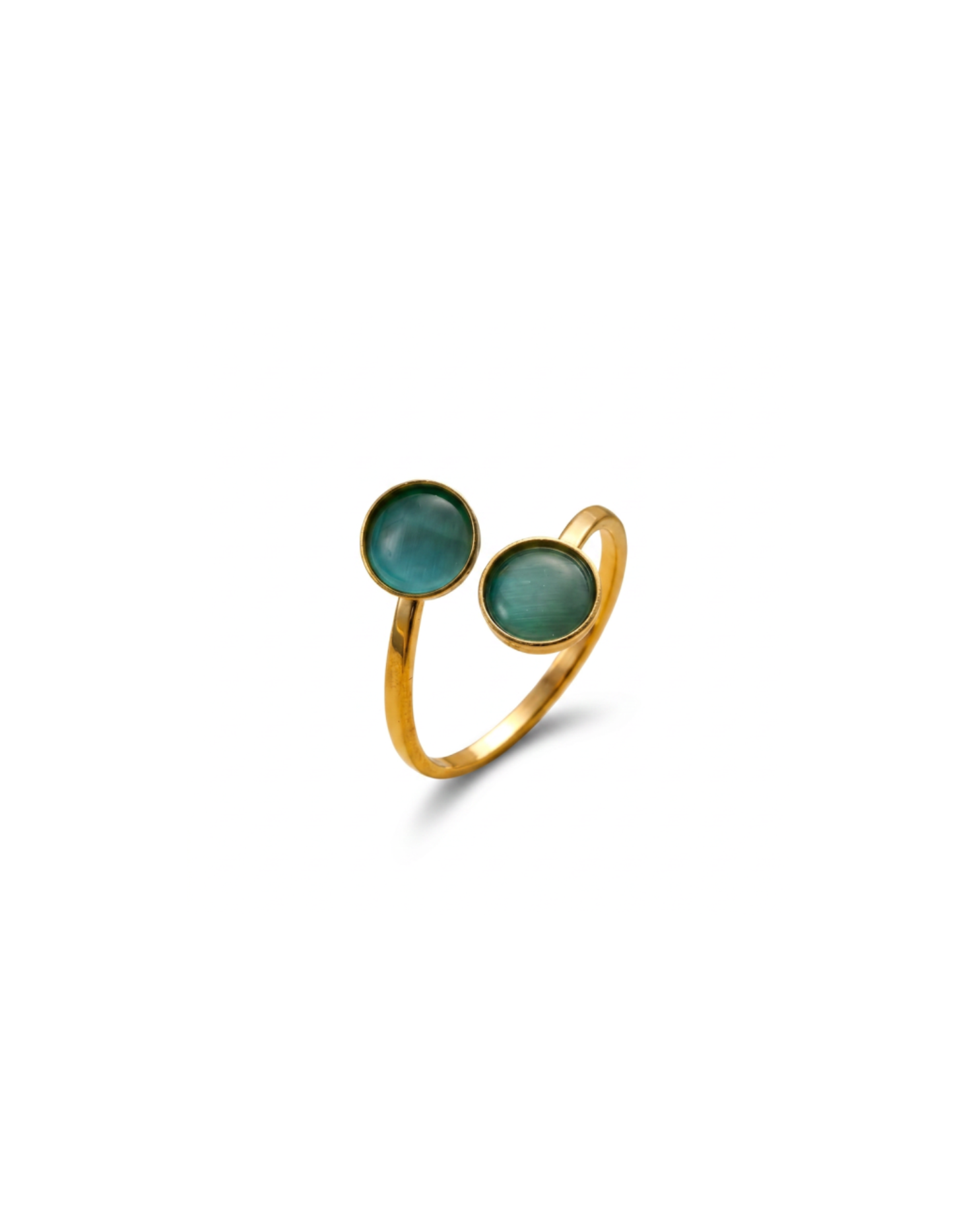 Trove Colombo Velora 18K gold plated ring featuring two round green cat's eye stones on a stainless steel band