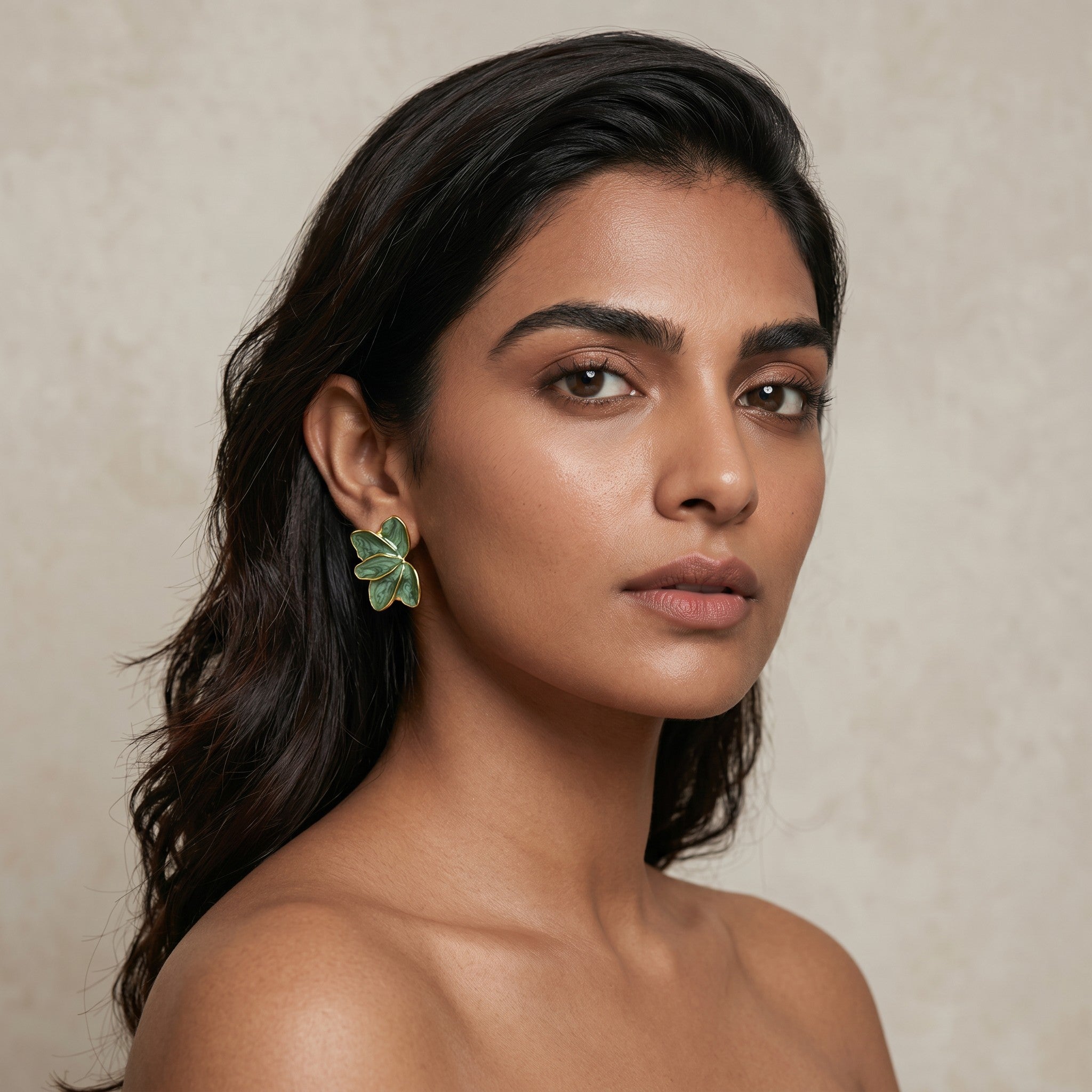 Trove Colombo Calista vintage-inspired gold-plated earrings with green resin leaf design