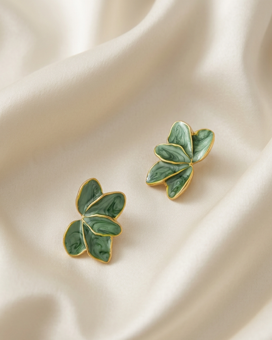 Trove Colombo Calista vintage-inspired earrings featuring green resin petals with KC gold-plated zinc alloy edges.