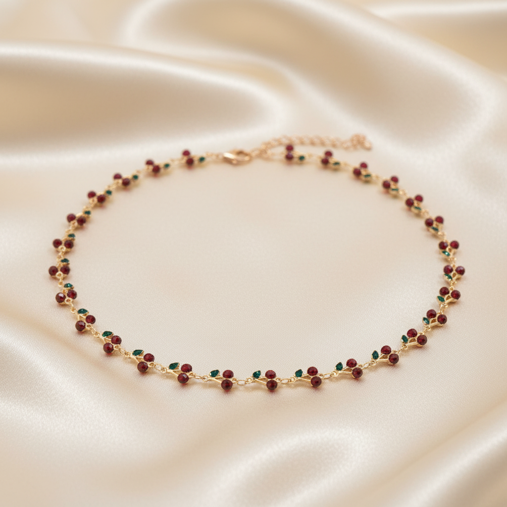 Trove Colombo Cheryl bohemian copper chain necklace featuring delicate red cherry and green leaf