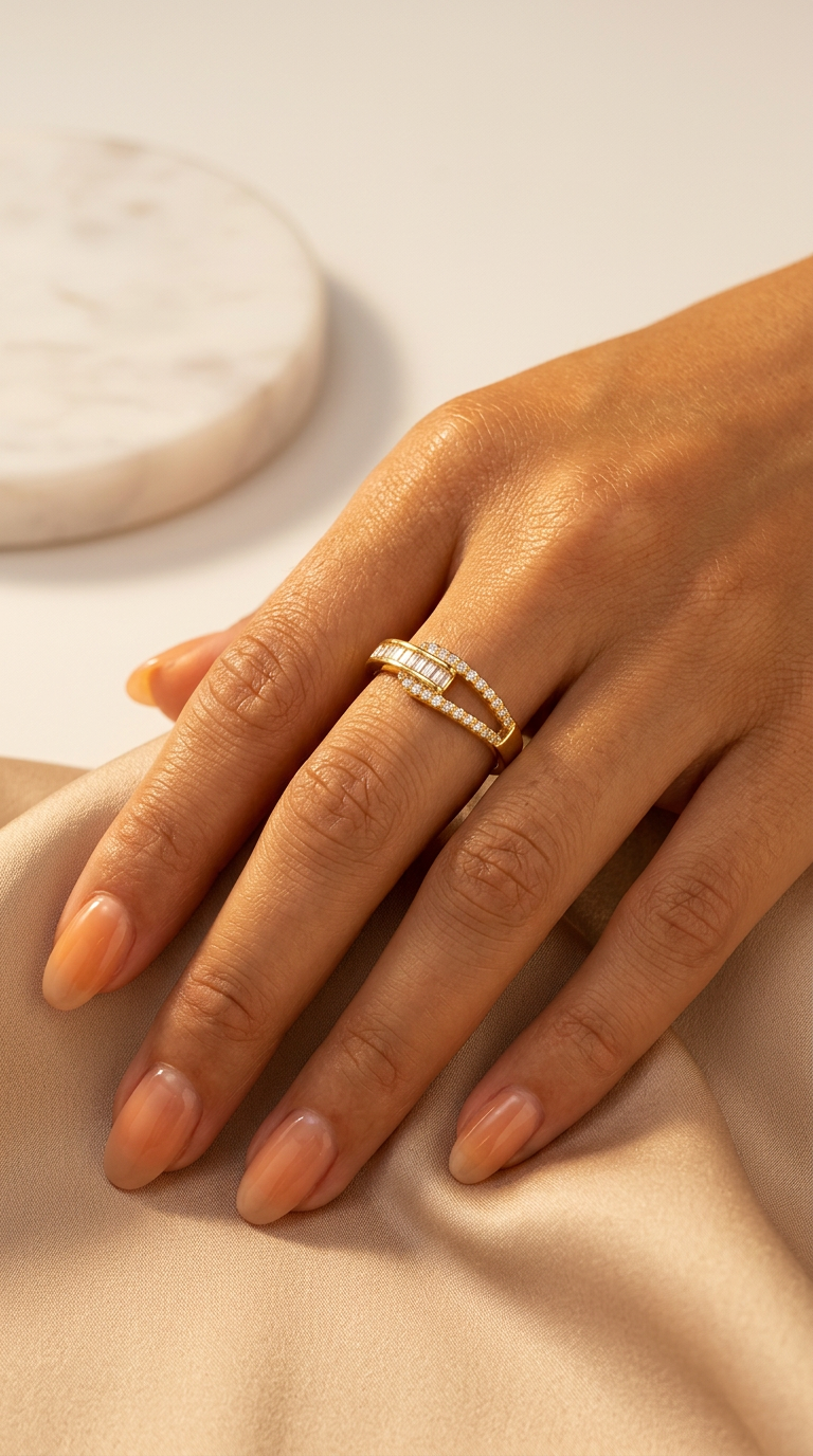 Trove Colombo Cressida open ring in KC gold-plated copper with sparkling baguette and round cubic zirconia stones.