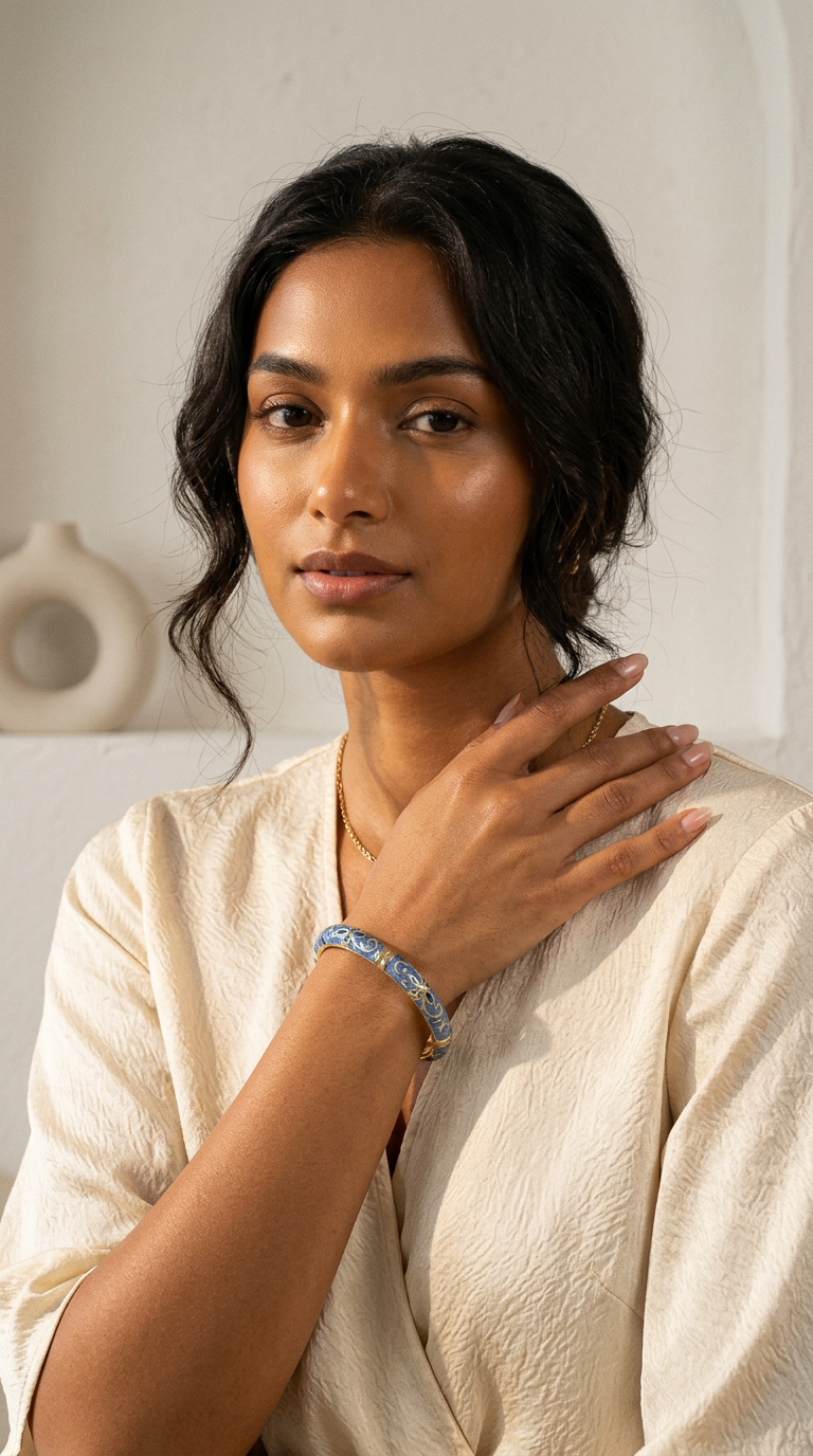 Trove Colombo Emily 18K gold plated bangle with blue enamel vintage tribal patterns