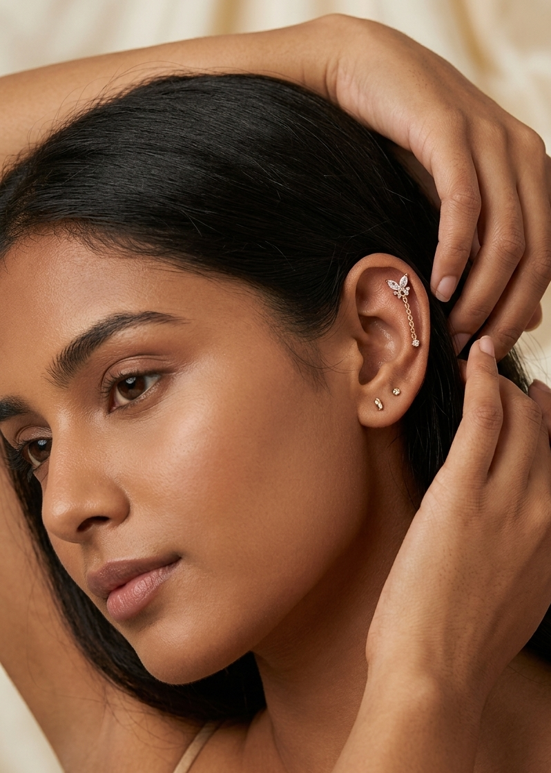 Trove Colombo 18K gold plated Genelia butterfly stud earring with delicate chain detail worn on a woman's ear