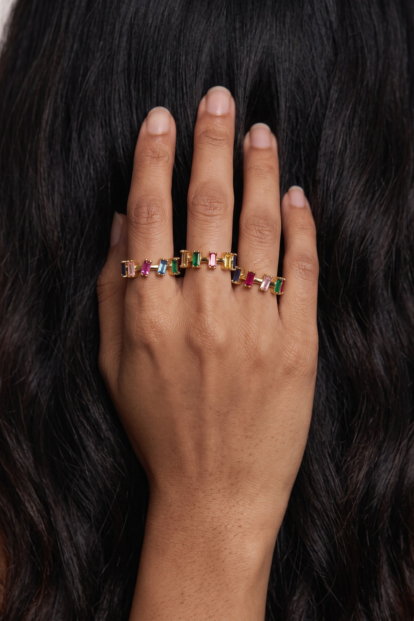 Trove Colombo Lovella 18K gold-plated ring featuring multi-colored baguette-cut cubic zirconia stones