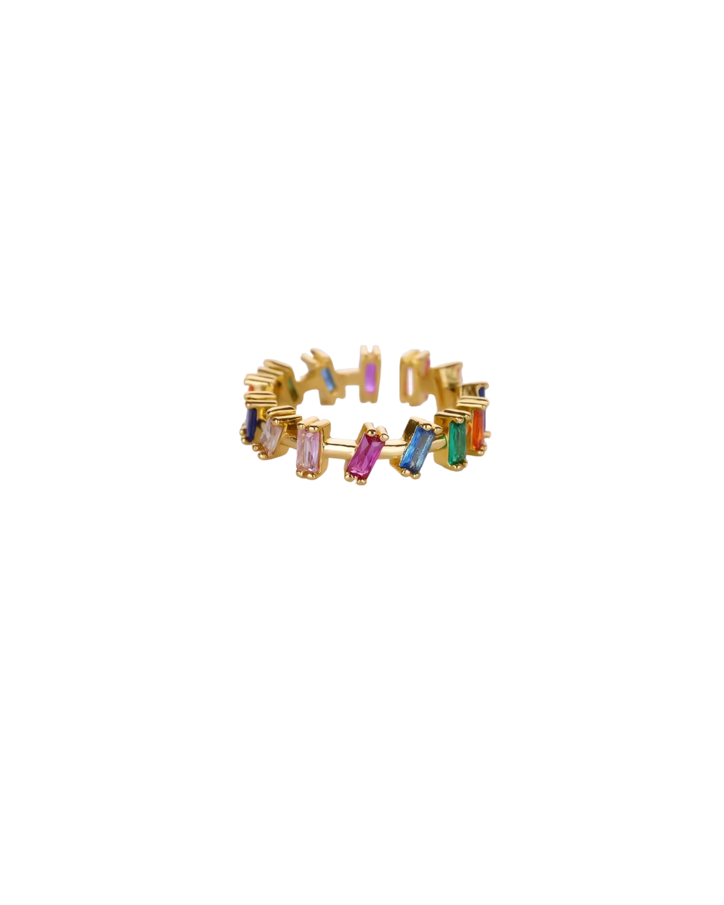 Trove Colombo Lovella 18K gold-plated copper ring featuring colorful baguette-cut cubic zirconia in a Y2K boho style.