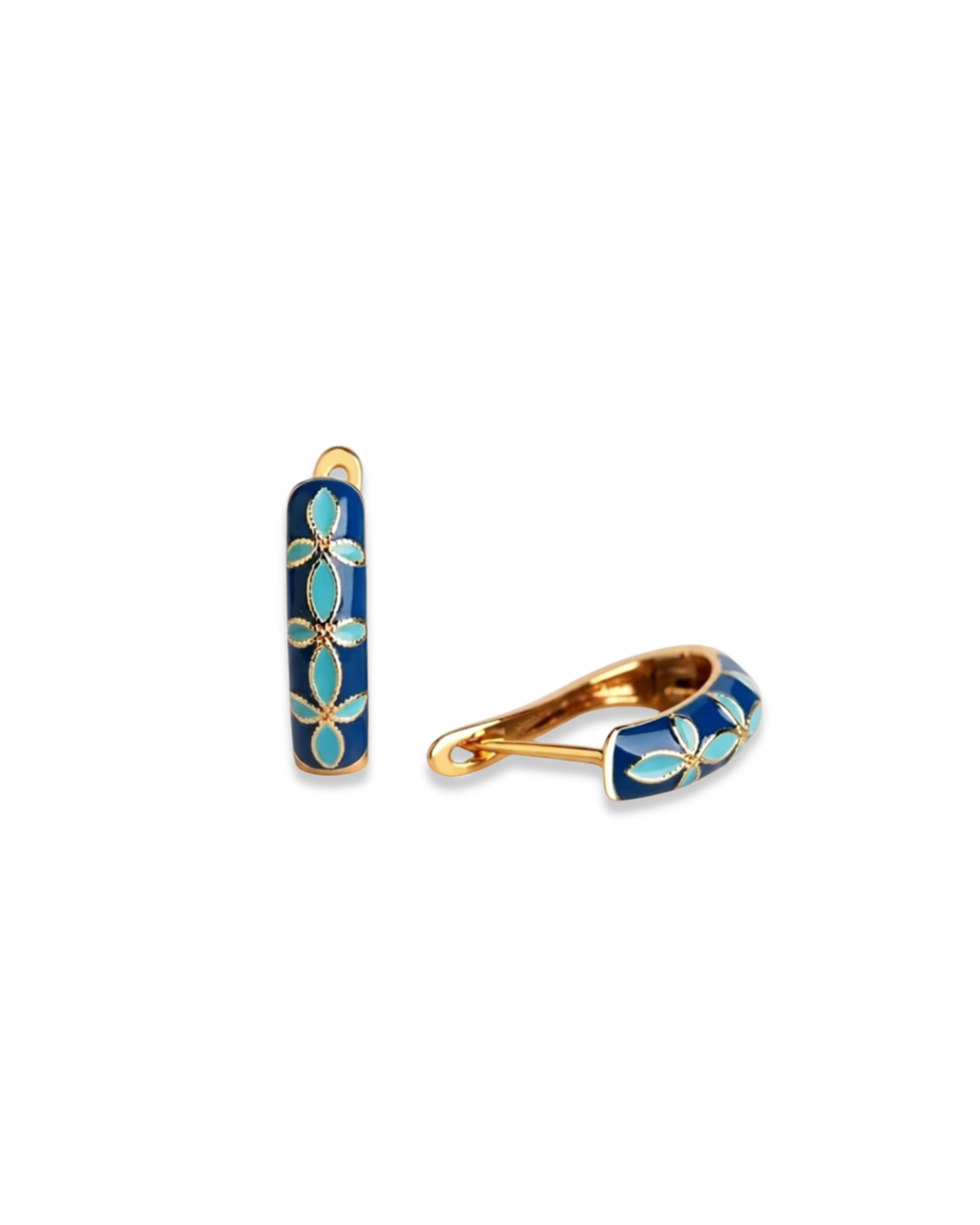 Trove Colombo Lucia vintage royal hoop earrings in KC gold plated copper with blue and turquoise floral enamel inlay.