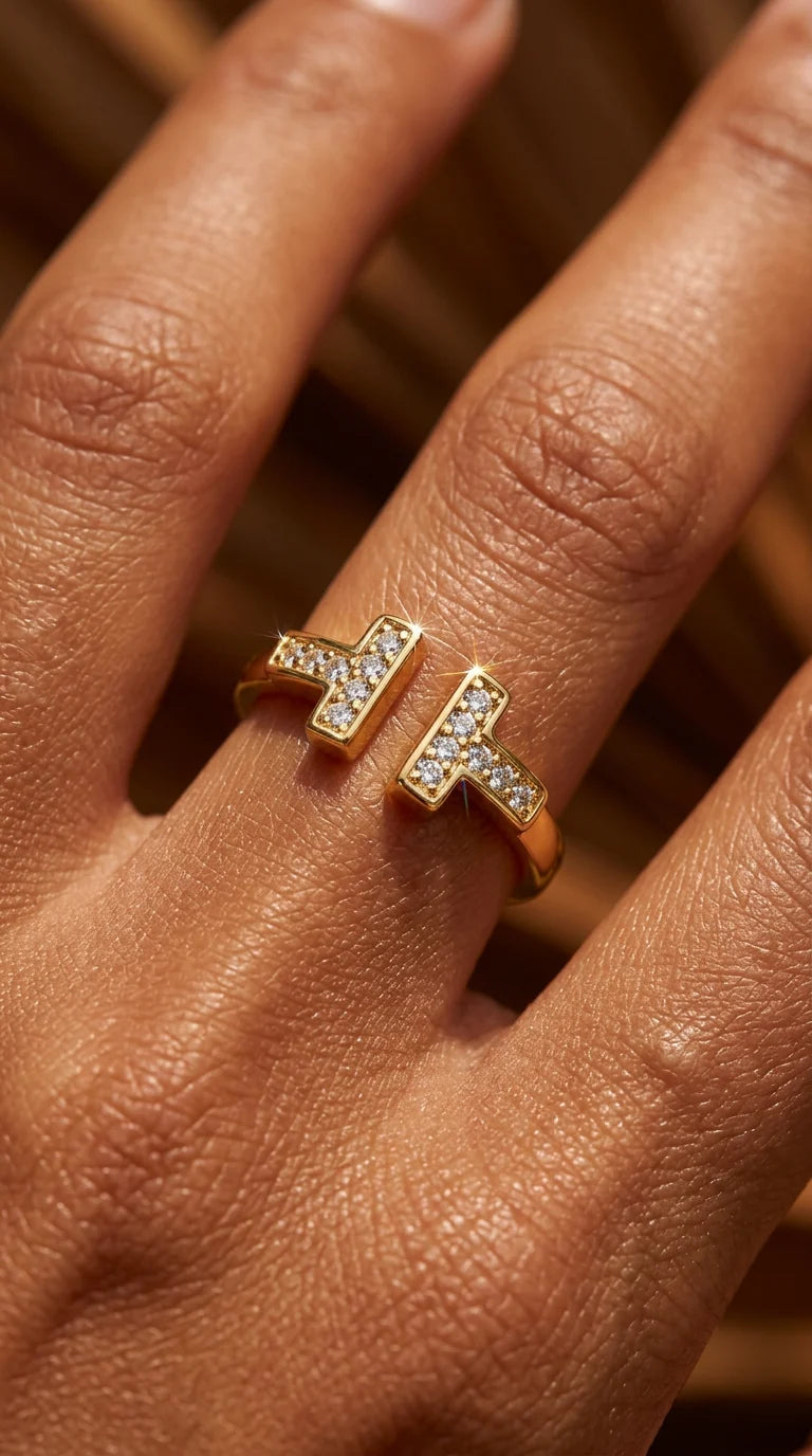 Trove Colombo Octavia ring featuring a gold-tone copper band with sparkling synthetic cubic zirconia inlay