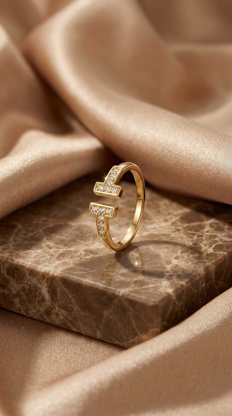 Trove Colombo Octavia ring featuring a gold-toned copper band with T-shaped ends inlaid with sparkling cubic zirconia.