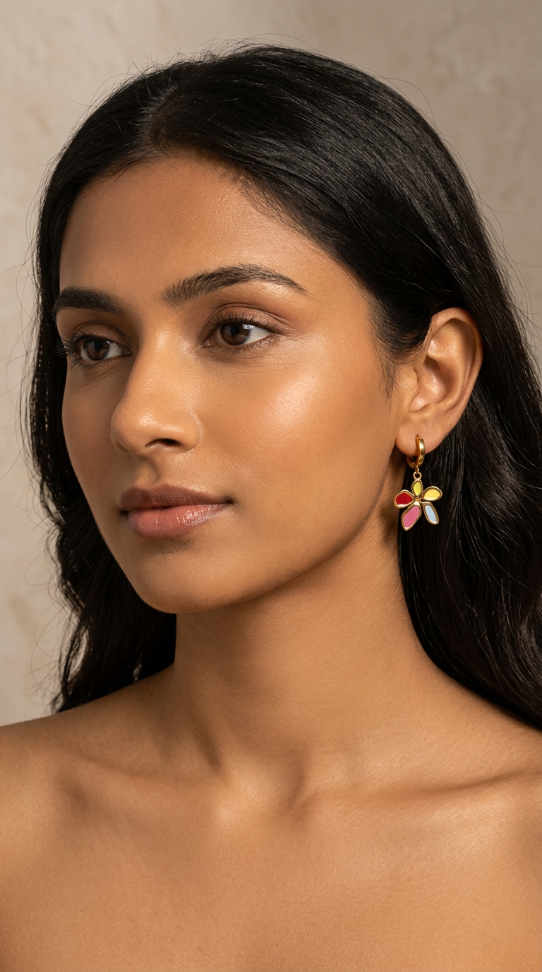 A model wearing Trove Colombo Paloma 18K gold-plated hoop earrings with colorful resin flower charms.