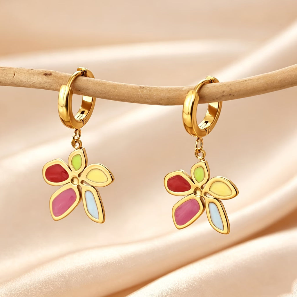 Trove Colombo Paloma 18K gold-plated hoop earrings featuring colorful resin flower charms with a drip-oil effect