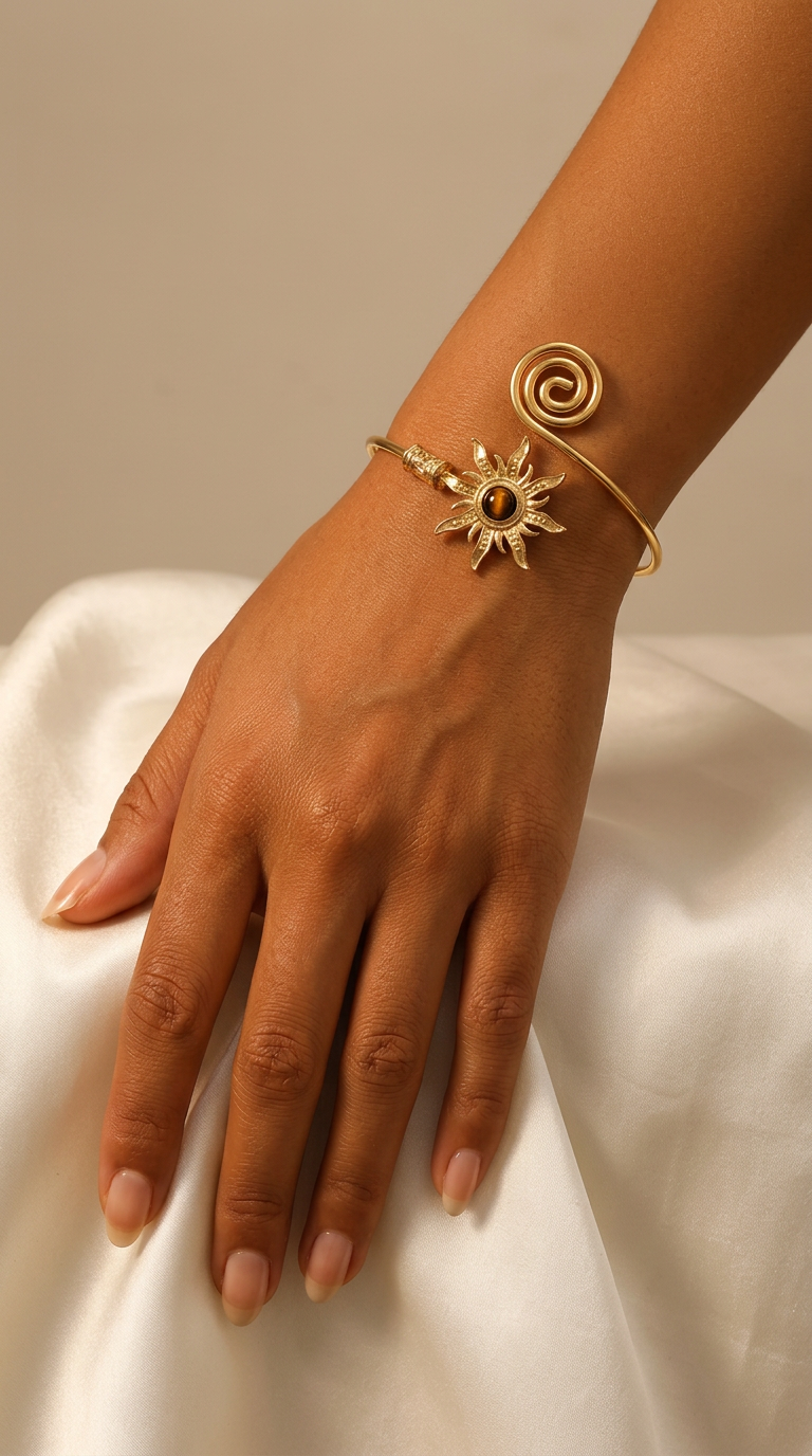 Trove Colombo Soleil cuff bracelet featuring a gold-tone sun charm with a central stone on a spiral wire band.