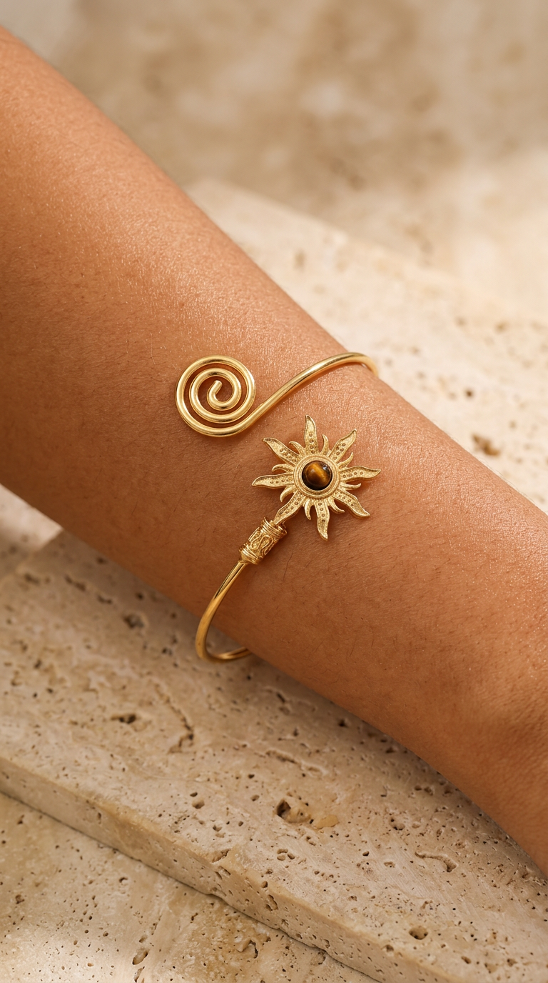 Trove Colombo Soleil cuff bracelet featuring a gold-tone sun charm with a central stone on a spiral iron band