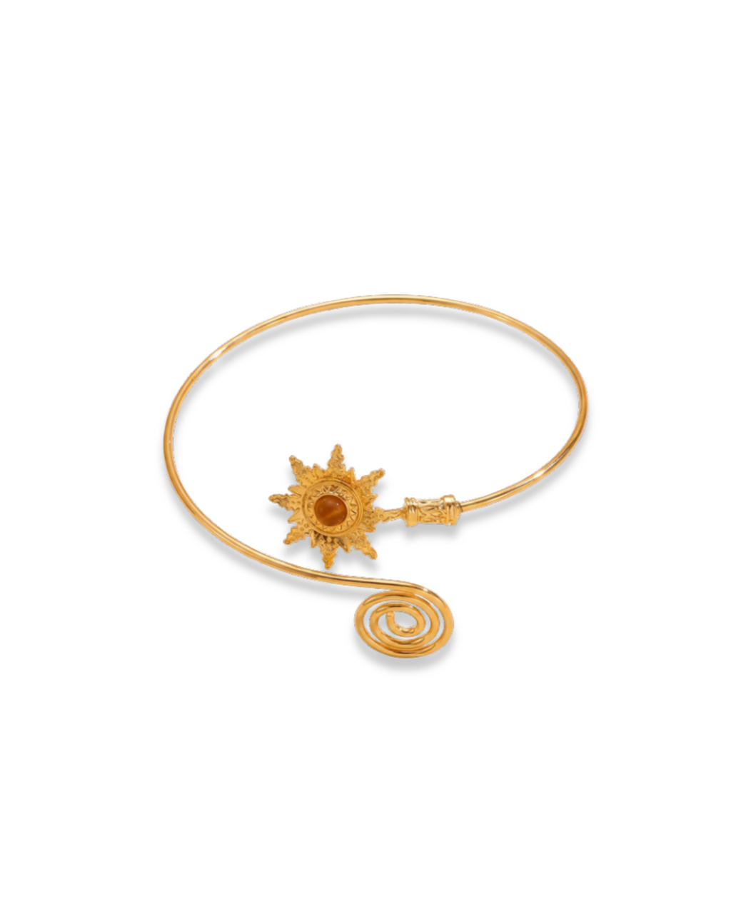 Trove Colombo Soleil cuff bracelet in gold-tone iron featuring a sunburst charm and spiral end in a boho style.