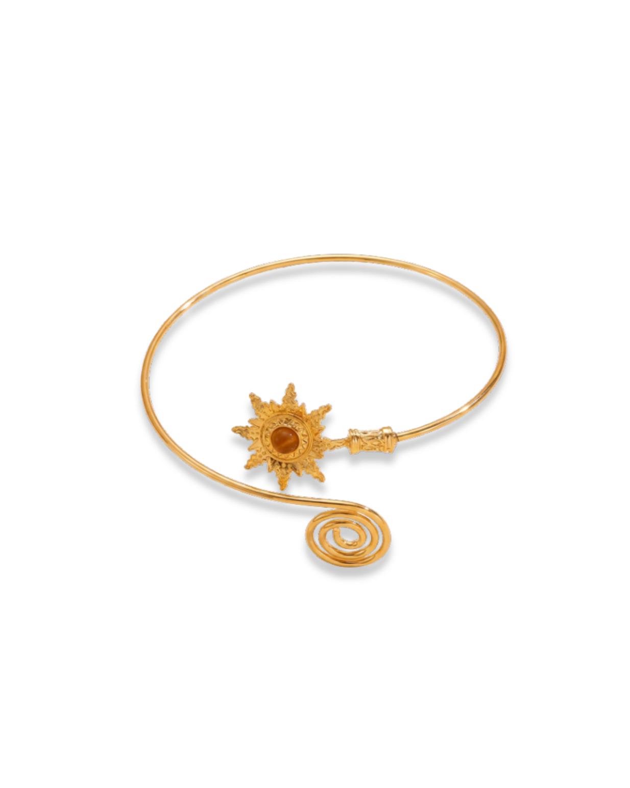 Trove Colombo Soleil cuff bracelet in gold-tone iron featuring a sunburst charm and spiral end in a boho style.