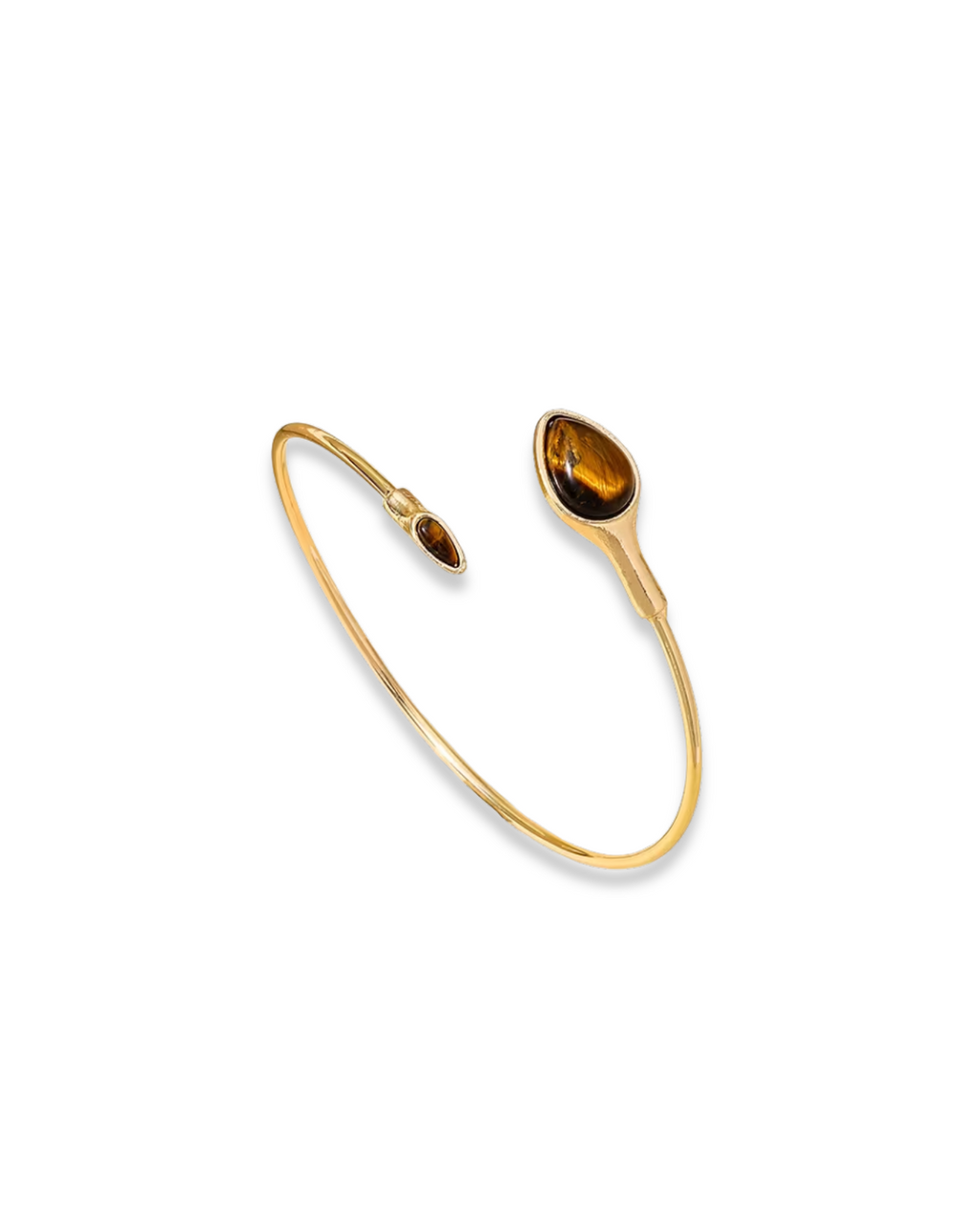 Trove Colombo gold-tone alloy cuff bracelet featuring two teardrop-shaped tiger eye stone accents.