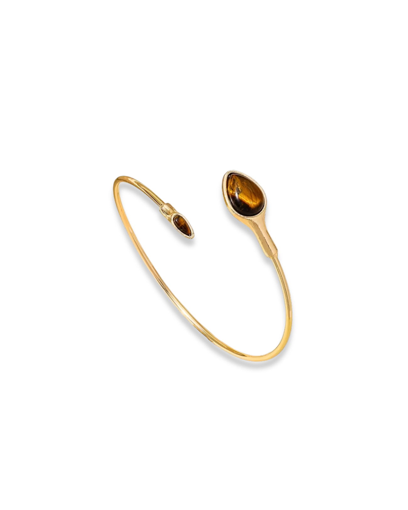 Trove Colombo gold-tone alloy cuff bracelet featuring two teardrop-shaped tiger eye stone accents.