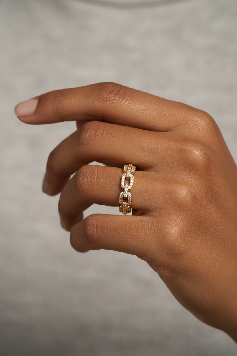 Trove Colombo Vespera 18K gold-plated copper chain link ring featuring sparkling cubic zirconia