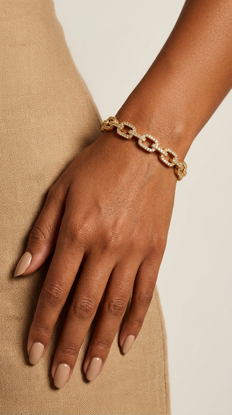 Trove Colombo Vespera bracelet featuring a gold-toned copper chain link design with sparkling cubic zirconia inlay.
