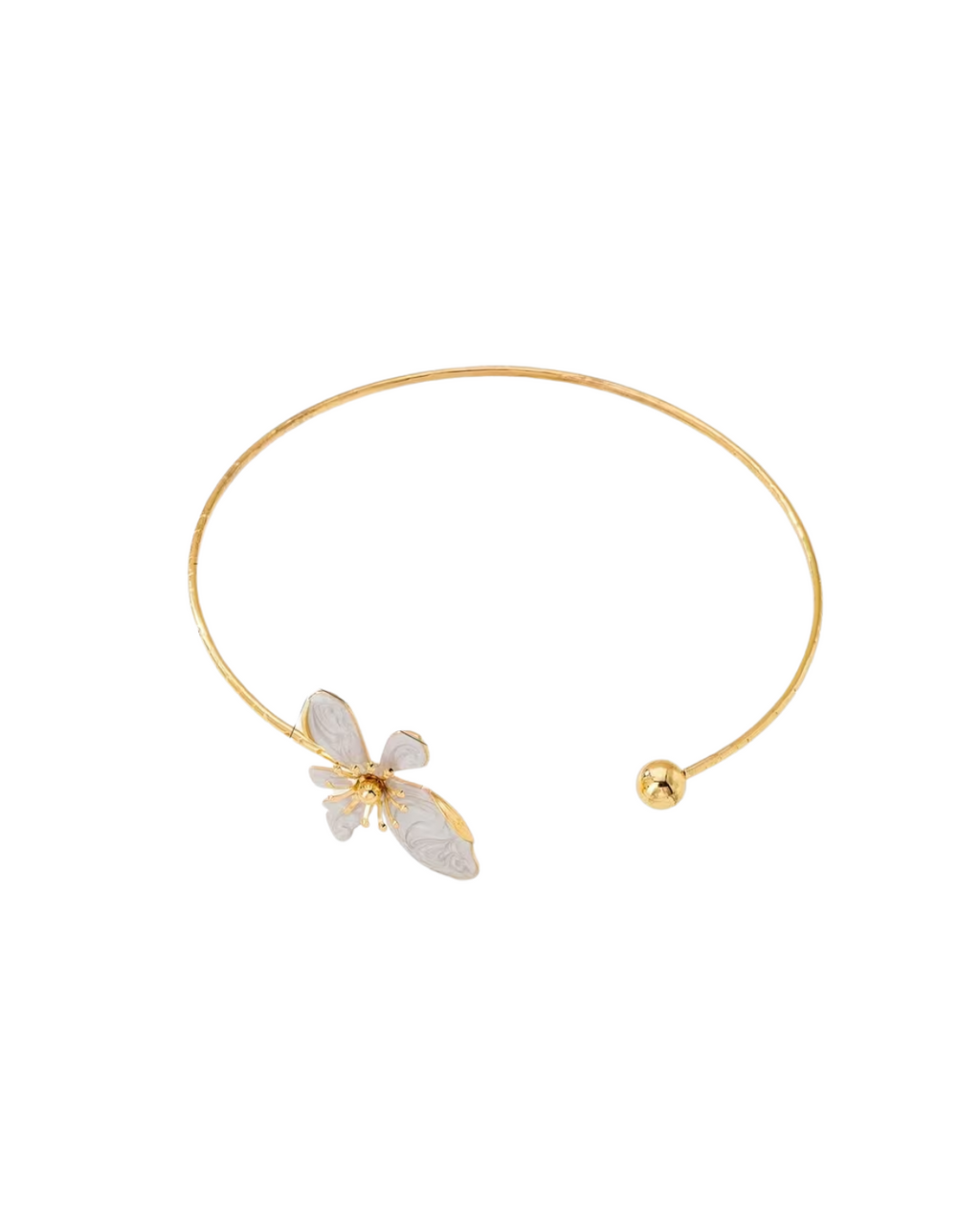 Trove Colombo Wisteria necklace featuring a gold-tone iron open collar design with a delicate white floral accent.