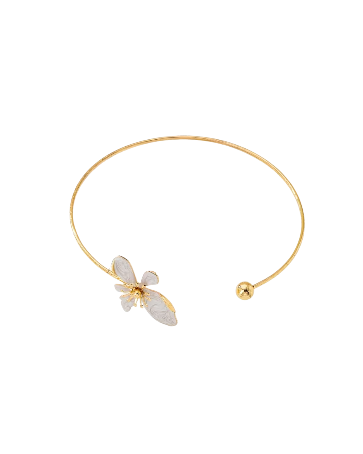 Trove Colombo Wisteria necklace featuring a gold-tone iron open collar design with a delicate white floral accent.